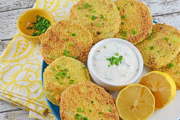 fried-green-tomatoes-1 Fried Green Tomatoes are a Southern tradition. Juicy tomatoes coated with cornmeal and fried to a golden brown. Lemon Herb Aioli is a new refreshing twist.