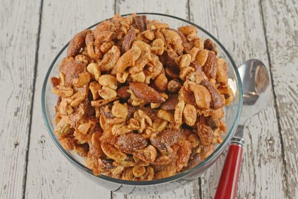 spiced-nuts-4 Spiced Nuts are an easy and flavorful blend of roasted nuts. Assorted with shelled peanuts, cashews, pistachios and almonds, they are the perfect munchie for any party!