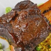 Braised Wild Boar Shanks are a sophisticated and exotic meal, ideal for special occasions and dinner parties. Lean and healthy with loads of rich flavor. #wildboar #braisedwildboar www.savoryexperiments.com