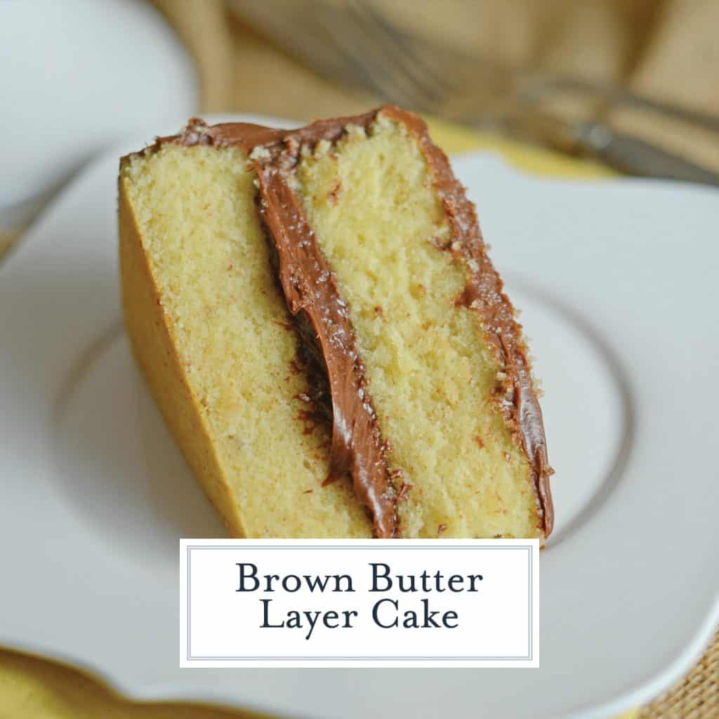 Brown Butter Cake is an easy cake made from scratch using delicious brown butter, chocolate mousse filling and chocolate buttercream frosting. #brownbuttercake #layercakerecipes www.savoryexperiments.com