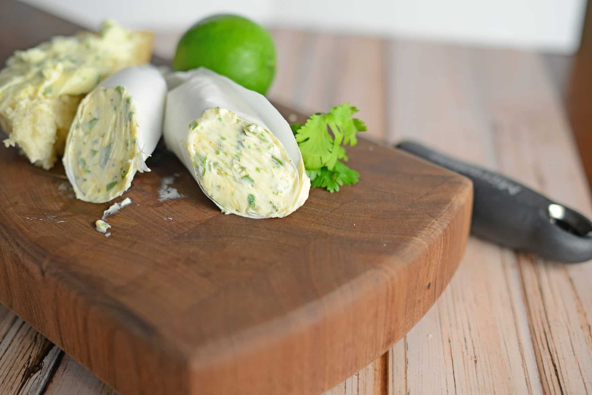 Chile Lime Butter- a zesty blended butter perfect for corn on the cob and sautéing vegetables. #flavoredbutter #limebutter www.savoryexperiments.com