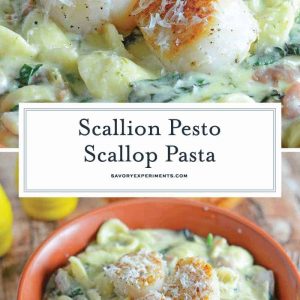 collage of scallion pesto pasta with scallops