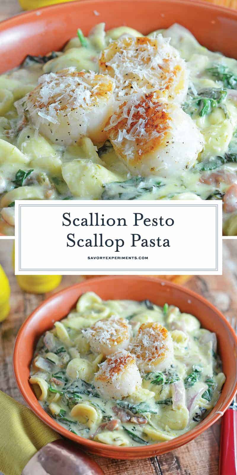 Scallion Pesto Scallop Pasta is a restaurant quality dish, creamy pasta sauce with garlic, Swiss chard, prosciutto and seared scallops. #pastarecipes #scalloprecipes www.savoryexperiments.com