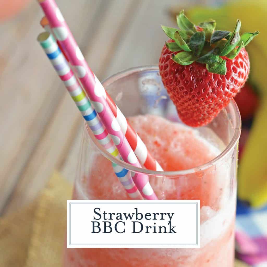 BBC Frozen Drink Recipe is banana, strawberry, Bailey's and coconut. It is sure to be a party favorite! One fabulous tropical cocktail and the perfect drink for parties! #tropicaldrinks #frozencocktails www.savoryexperiments.com