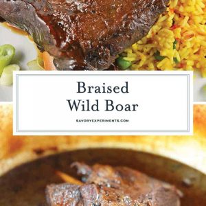 Braised Wild Boar Shanks are a sophisticated and exotic meal, ideal for special occasions and dinner parties. Lean and healthy with loads of rich flavor. #wildboar #braisedwildboar www.savoryexperiments.com