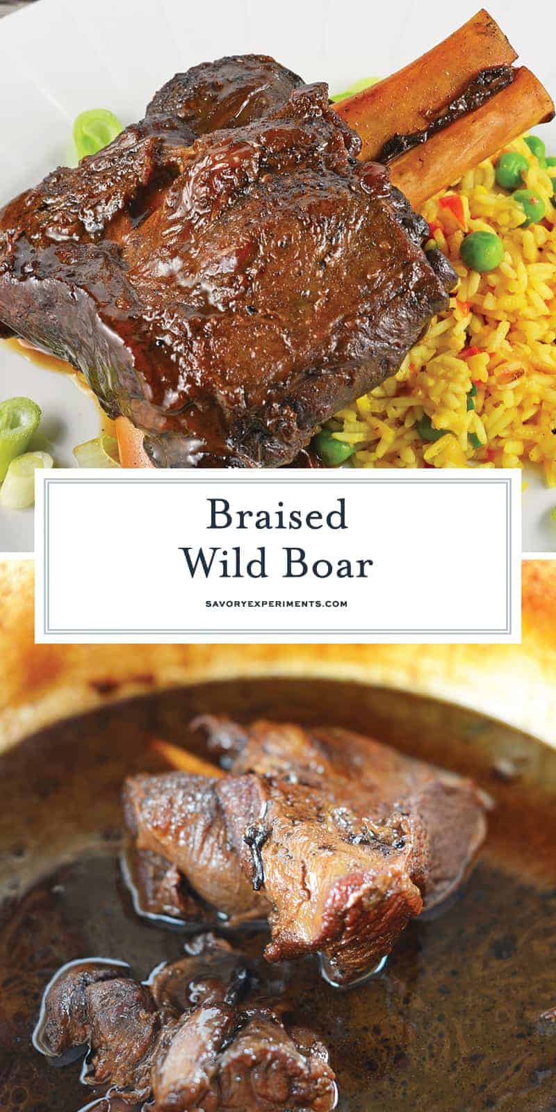 Braised Wild Boar Shanks are a sophisticated and exotic meal, ideal for special occasions and dinner parties. Lean and healthy with loads of rich flavor. #wildboar #braisedwildboar www.savoryexperiments.com