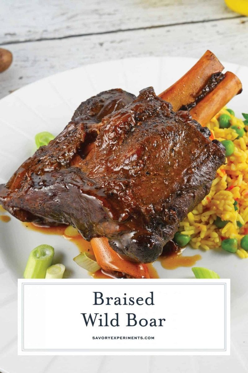 Braised Wild Boar Shanks are a sophisticated and exotic meal, ideal for special occasions and dinner parties. Lean and healthy with loads of rich flavor. #wildboar #braisedwildboar www.savoryexperiments.com