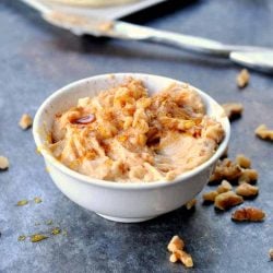 Honey walnut butter in a white bowl