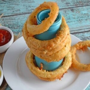 beer battered onion rings on blue bottle