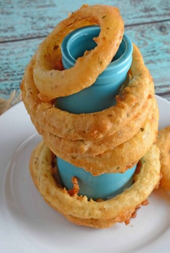 beer battered onion rings on blue bottle