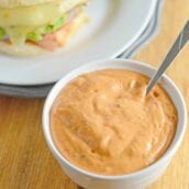 Angled view of Creamy Chipotle Aioli in a small white bowl