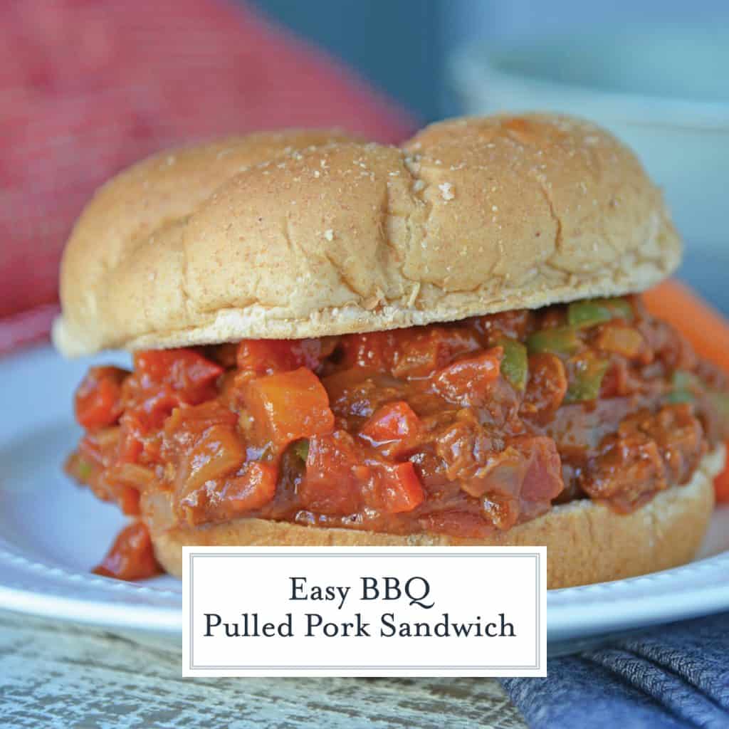 This semi-homemade Pulled Pork Sandwich is a quick and easy kid friendly option! It's an easy pulled pork recipe that will be ready in just 15 minutes! #pulledporksandwich #semihomemade #easypulledporkrecipe www.savoryexperiments.com