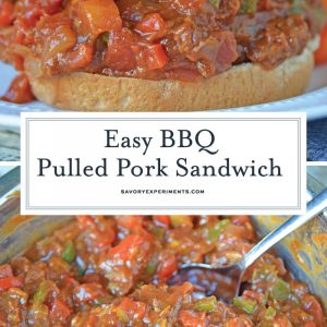 This semi-homemade Pulled Pork Sandwich is a quick and easy kid friendly option! It's an easy pulled pork recipe that will be ready in just 15 minutes! #pulledporksandwich #semihomemade #easypulledporkrecipe www.savoryexperiments.com