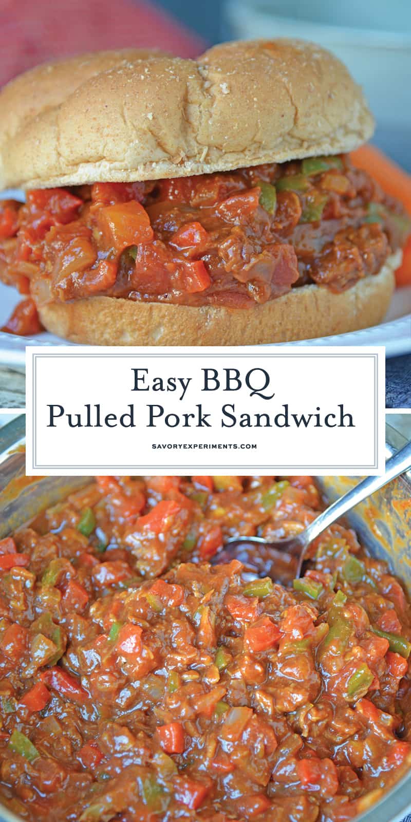 This semi-homemade Pulled Pork Sandwich is a quick and easy kid friendly option! It's an easy pulled pork recipe that will be ready in just 15 minutes! #pulledporksandwich #semihomemade #easypulledporkrecipe www.savoryexperiments.com