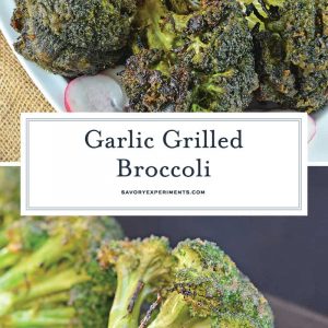 Garlic Grilled Broccoli is an excellent side dish for grilled meals! It is marinated in a garlic and spice mix and then charred on the grill for great flavor! #grilledbroccoli #howtogrillbroccoli #broccolirecipe www.savoryexperiments.com