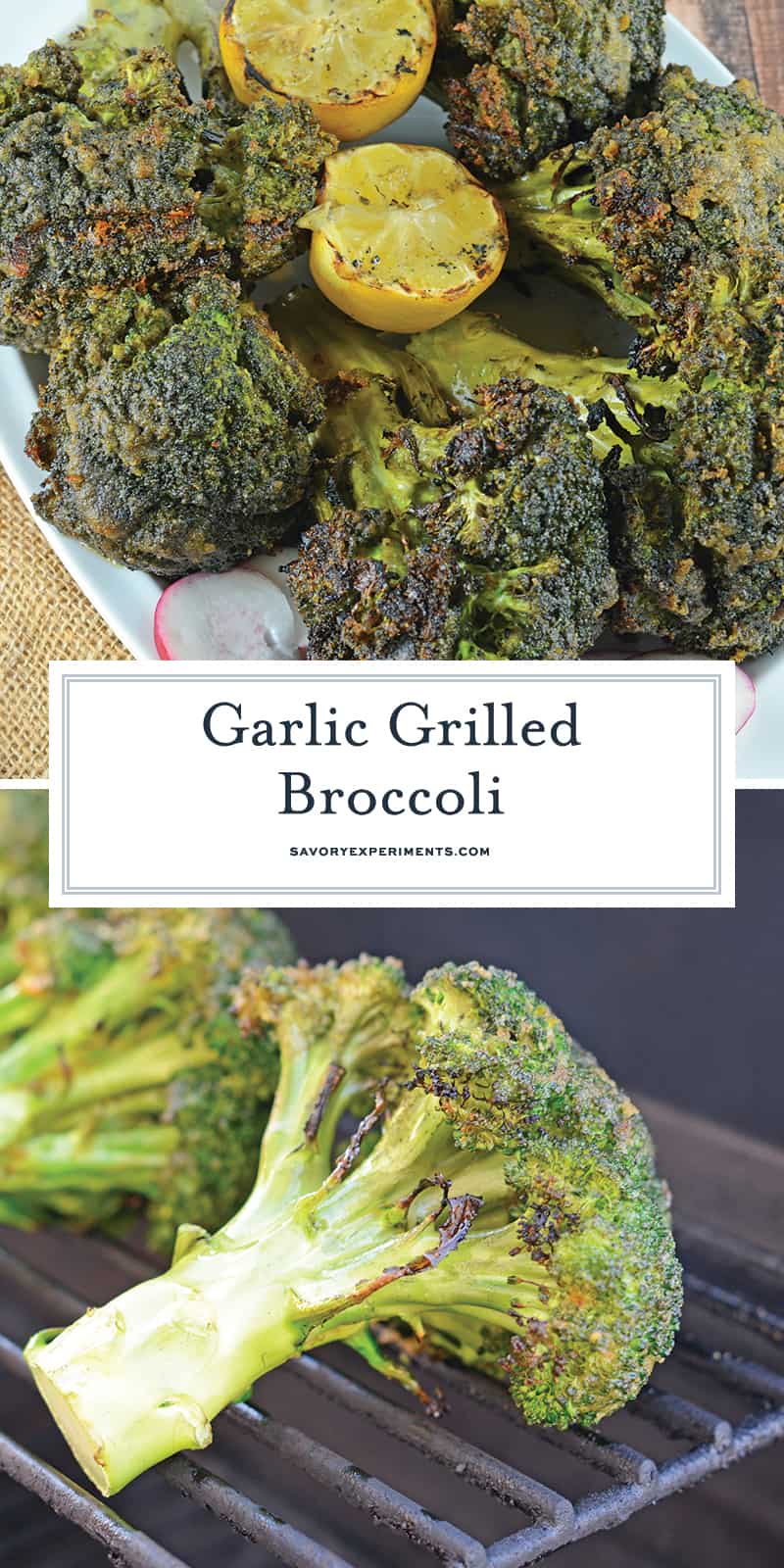 Garlic Grilled Broccoli is an excellent side dish for grilled meals! It is marinated in a garlic and spice mix and then charred on the grill for great flavor! #grilledbroccoli #howtogrillbroccoli #broccolirecipe www.savoryexperiments.com