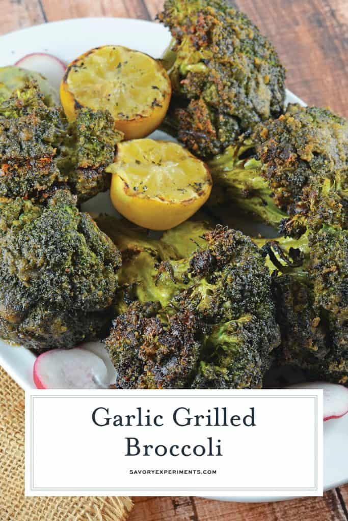 Garlic Grilled Broccoli is an excellent side dish for grilled meals! It is marinated in a garlic and spice mix and then charred on the grill for great flavor! #grilledbroccoli #howtogrillbroccoli #broccolirecipe www.savoryexperiments.com