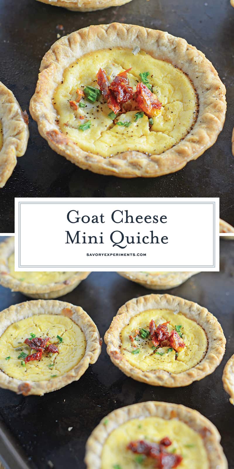 Make easy and delicious individual mini quiche! Goat cheese quiche are eggs whipped with goat cheese, sun dried tomatoes, pine nuts and Parmesan cheese! #miniquiche #vegetarianquicherecipe #goatcheesequiche www.savoryexperiments.com