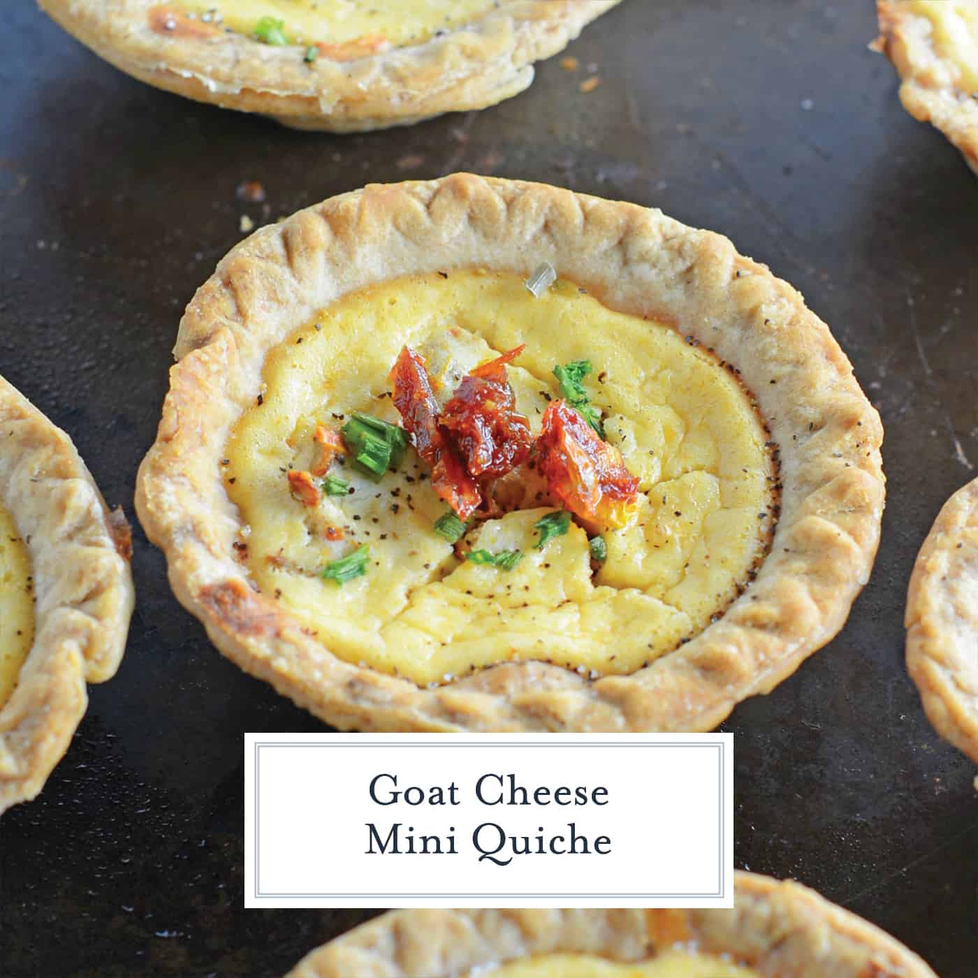 Make easy and delicious individual mini quiche! Goat cheese quiche are eggs whipped with goat cheese, sun dried tomatoes, pine nuts and Parmesan cheese! #miniquiche #vegetarianquicherecipe #goatcheesequiche www.savoryexperiments.com