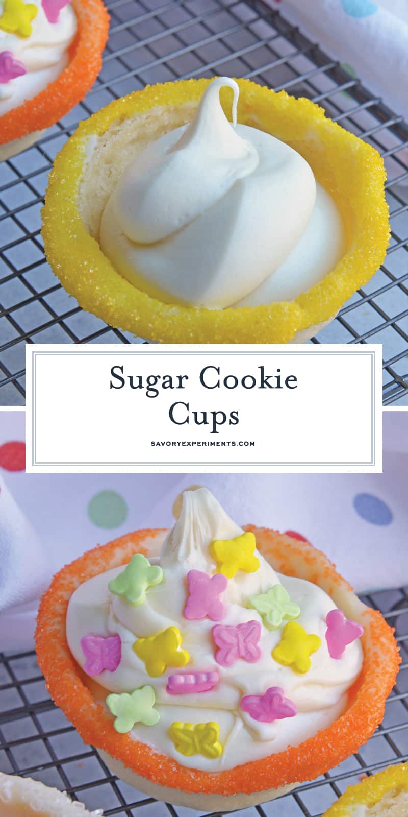 This Sugar Cookie Cups recipe puts a spin on your typical ice cream cone. Why choose between cookies or ice cream when you can have both! #sugarcookiecups #howtomakesugarcookiecups www.savoryexperiments.com