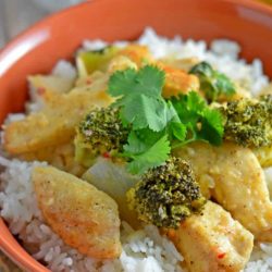 thai coconut chicken in an orange bowl