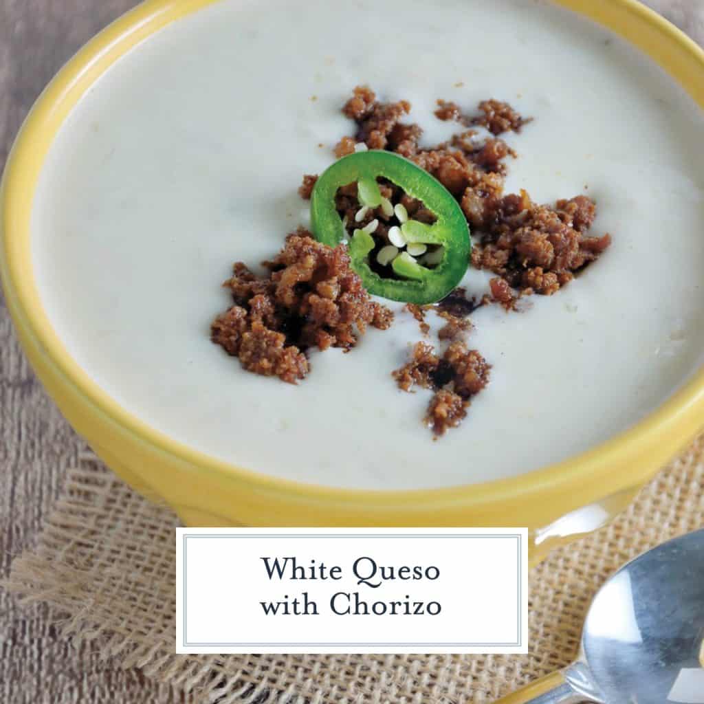 White Queso Dip is an easy appetizer that is perfect for parties or watching the big game! This Mexican cheese dip is the BEST cheese dip you will ever make! #whitequesodip #mexicancheesedip #mexicanwhitecheesedip www.savoryexperiments.com