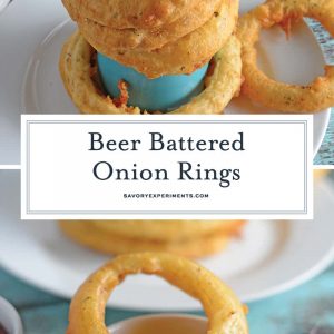 Beer Battered Onion Rings gives you crunchy and crispy homemade beer battered onion rings. Dip them in a spicy chipotle remoulade or enjoy them alone. #homemadeonionrings #friedonionrings #beerbatteredonionrings www.savoryexperiments.com