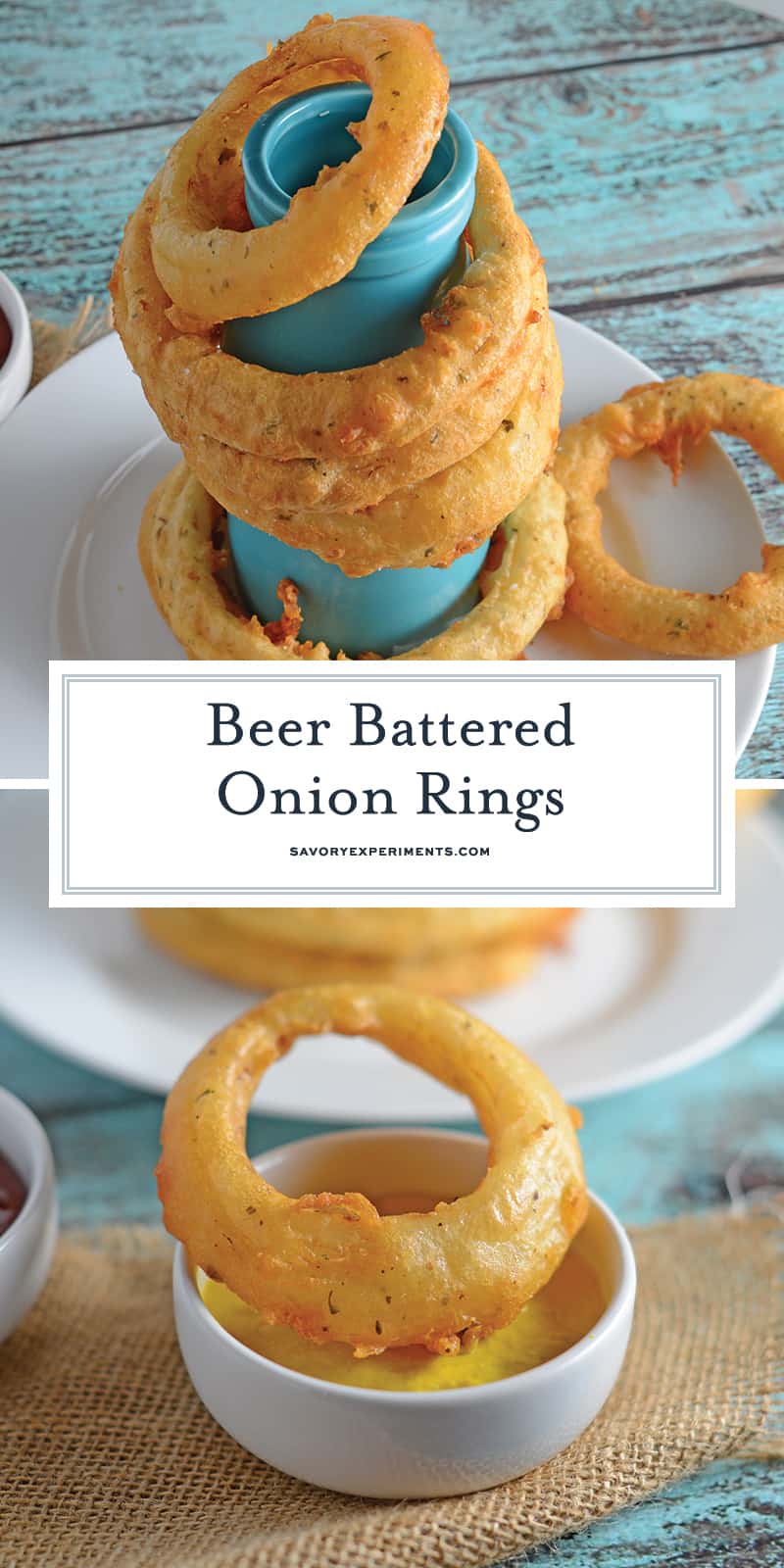 Beer Battered Onion Rings gives you crunchy and crispy homemade beer battered onion rings. Dip them in a spicy chipotle remoulade or enjoy them alone. #homemadeonionrings #friedonionrings #beerbatteredonionrings www.savoryexperiments.com