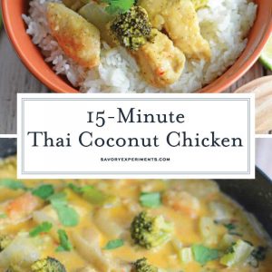 Thai Coconut Chicken is a easy dinner recipe made with coconut milk, broccoli, ginger and more flavorful spices. Dinner is ready in just 20 minutes! #thaichicken #30minutemeals #easychickenrecipes www.savoryexperiments.com