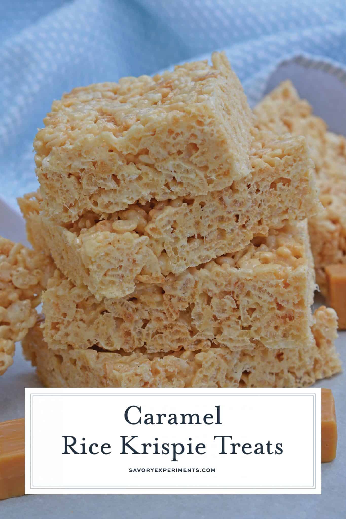 Caramel Rice Krispie Treats are a new twist on an old favorite! These homemade Rice Krispie Treats are so good and miles better then the store bought ones! #ricekrispietreats #ricekrispiebars www.savoryexperiments.com