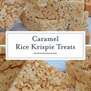 Caramel Rice Krispie Treats are a new twist on an old favorite! These homemade Rice Krispie Treats are so good and miles better then the store bought ones! #ricekrispietreats #ricekrispiebars www.savoryexperiments.com