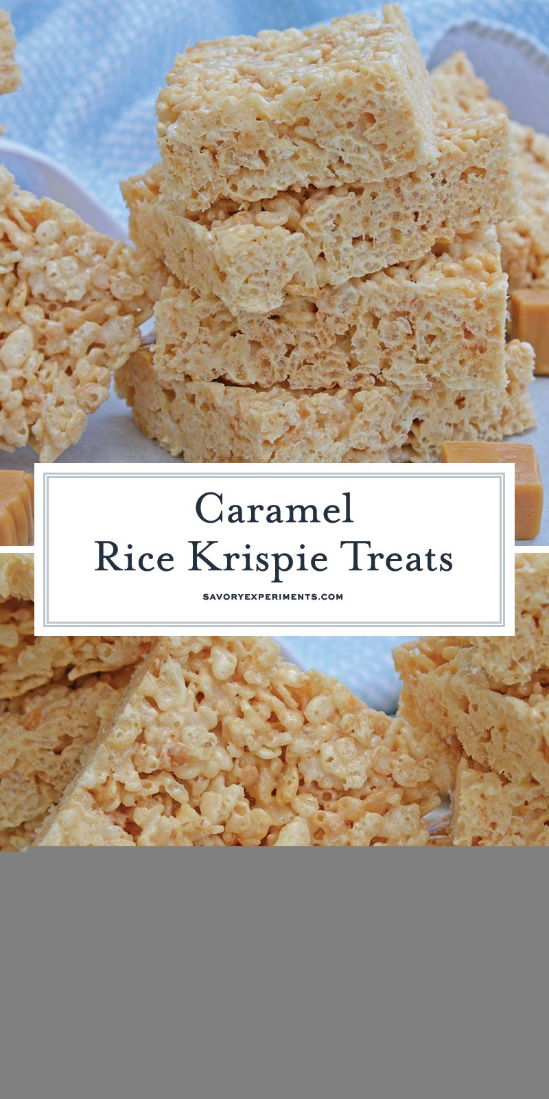 Caramel Rice Krispie Treats are a new twist on an old favorite! These homemade Rice Krispie Treats are so good and miles better then the store bought ones! #ricekrispietreats #ricekrispiebars www.savoryexperiments.com