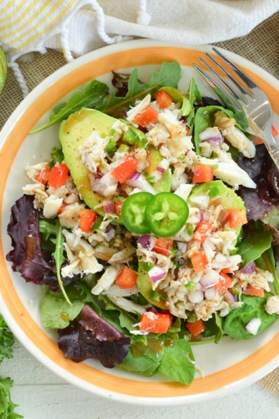 overhead of crab avocado salad