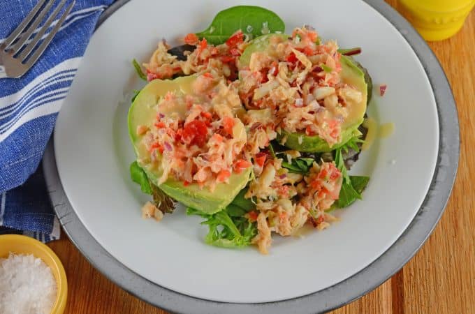 Crab and Avocado Salad is a simple and healthy salad. Buttery lump crab with creamy avocado, red onion, jalapeno and bell peppers topped with Miso Dressing.