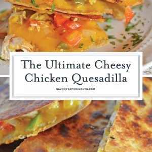This Chicken Quesadillas Recipe is made with crispy tortillas, chopped vegetables and lots of cheese! This shows you how to make quesadillas the easy way! #chickenquesadillarecipe #howtomakechickenquesadillas www.savoryexperiments.com