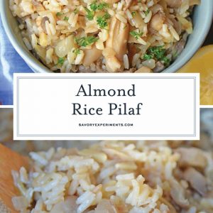 Almond Rice Pilaf is an easy side dish made with crunchy almonds, mushrooms and savory chicken broth and lemon juice to give it loads of flavor! An easy rice recipe the whole family will love. #ricepilafrecipe #easysidedish www.savoryexperiments.com