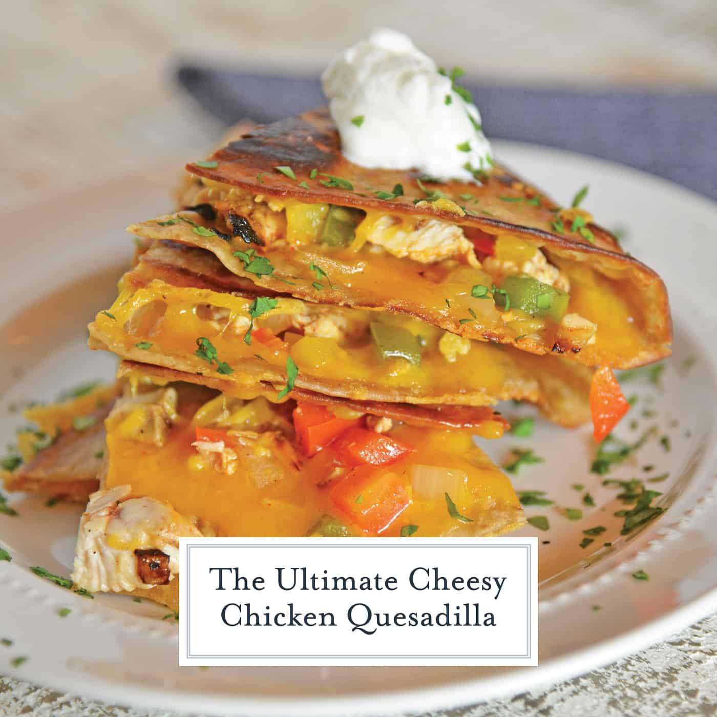 This Chicken Quesadillas Recipe is made with crispy tortillas, chopped vegetables and lots of cheese! This shows you how to make quesadillas the easy way! #chickenquesadillarecipe #howtomakechickenquesadillas www.savoryexperiments.com