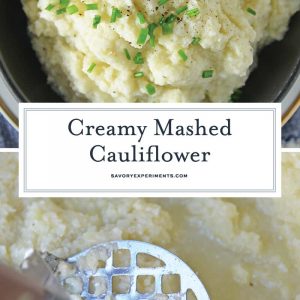 Mashed Cauliflower is a healthier alternative to mashed potatoes, with fewer carbs! This Mashed Cauliflower recipe is perfectly smooth and creamy! #mashedcauliflower #cauliflowermashedpotatoes www.savoryexperiments.com