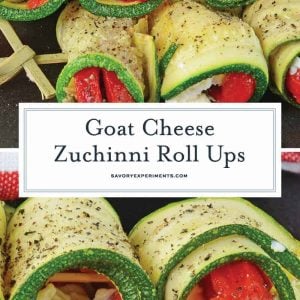 Goat Cheese Zucchini Roll Ups are a tasty toothpick appetizer made with roasted red peppers, seasonings, and creamy goat cheese, all wrapped up in zucchini! #zucchinirollups #rolluprecipes #vegetarianrollups www.savoryexperiments.com