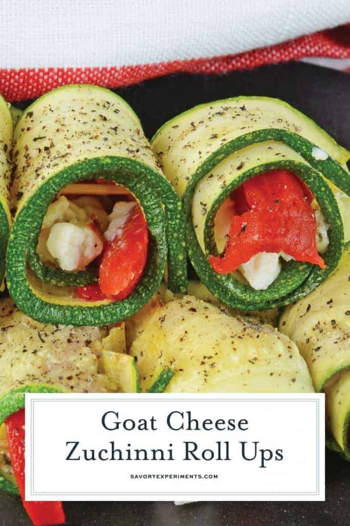 Goat Cheese Zucchini Roll Ups are a tasty toothpick appetizer made with roasted red peppers, seasonings, and creamy goat cheese, all wrapped up in zucchini! #zucchinirollups #rolluprecipes #vegetarianrollups www.savoryexperiments.com
