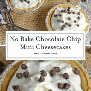 No Bake Chocolate Chip Mini Cheesecakes Recipe is an easy summer time no bake cheesecake recipe. Only takes 10 minutes to make and everyone will enjoy them! #minicheesecakerecipe #nobakecheesecakerecipe #chocolatechipcheesecake www.savoryexperiments.com