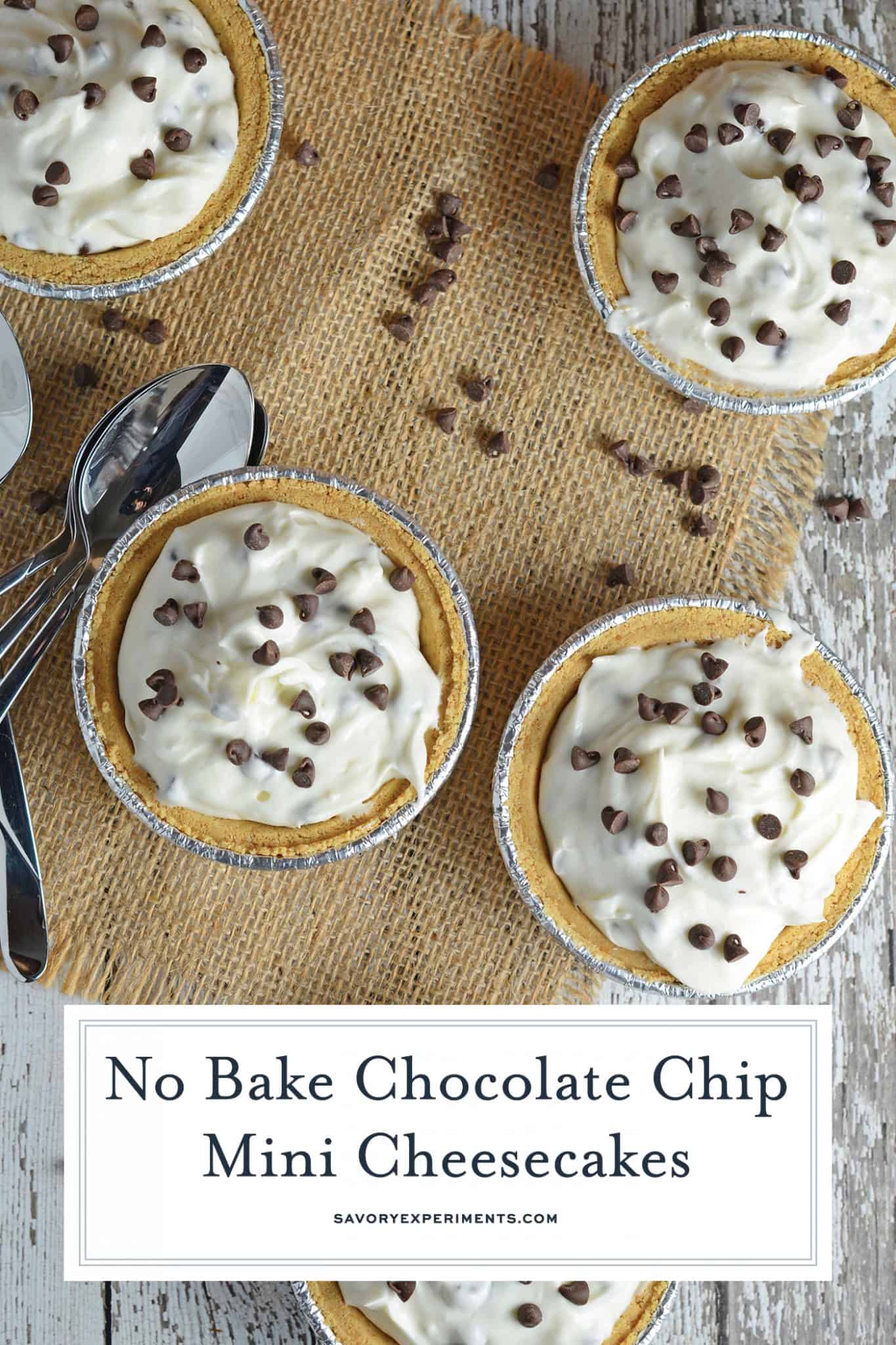 No Bake Chocolate Chip Mini Cheesecakes Recipe is an easy summer time no bake cheesecake recipe. Only takes 10 minutes to make and everyone will enjoy them! #minicheesecakerecipe #nobakecheesecakerecipe #chocolatechipcheesecake www.savoryexperiments.com