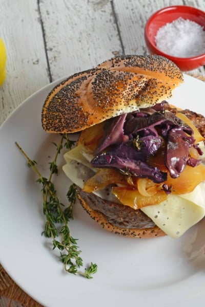 Red Wine Shiitake Burger- earthy and sweet, these toppings make the perfect artisan hamburger at home! www.savoryexperiments.com