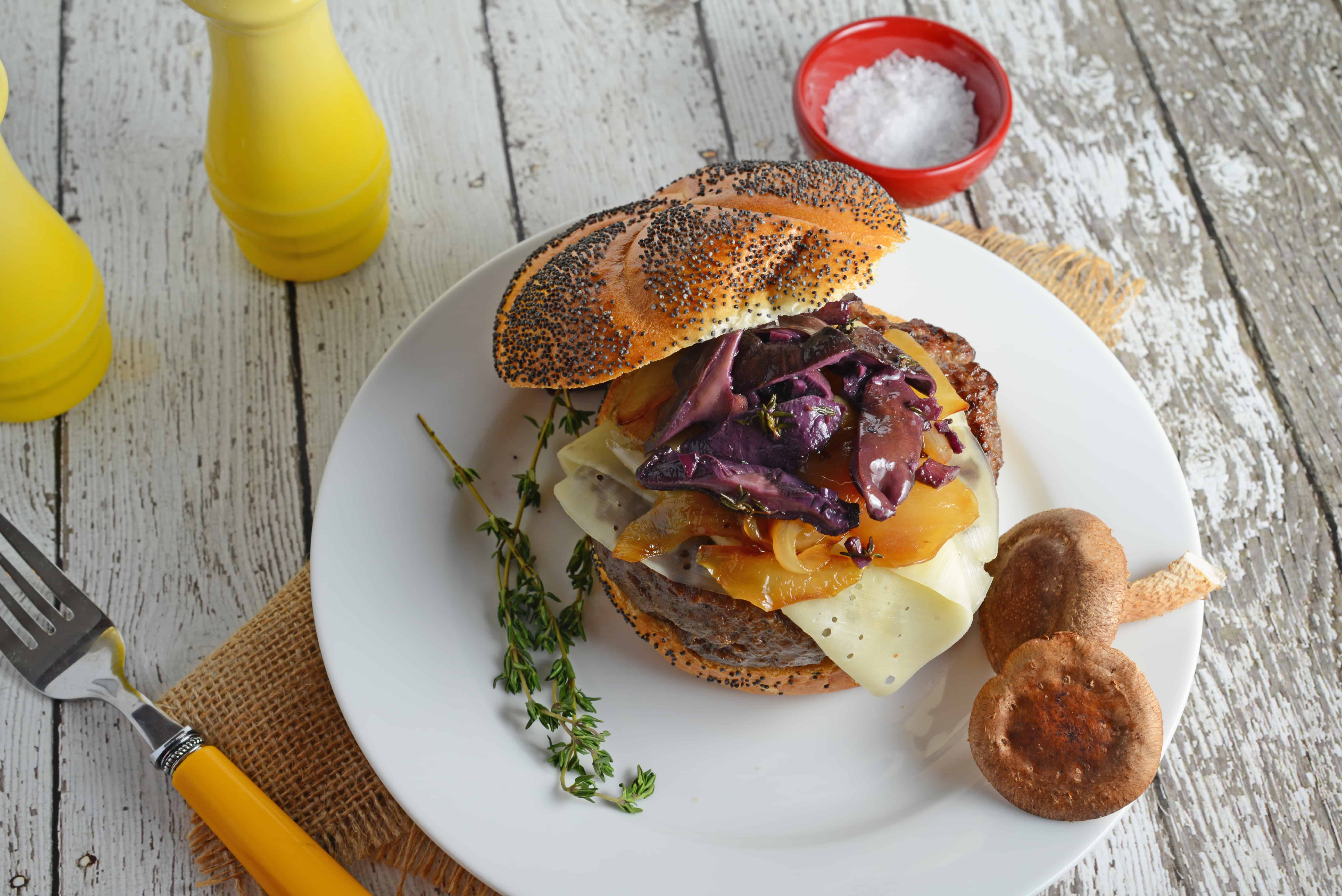 Red Wine Shiitake Burger- earthy and sweet, these toppings make the perfect artisan hamburger at home! www.savoryexperiments.com