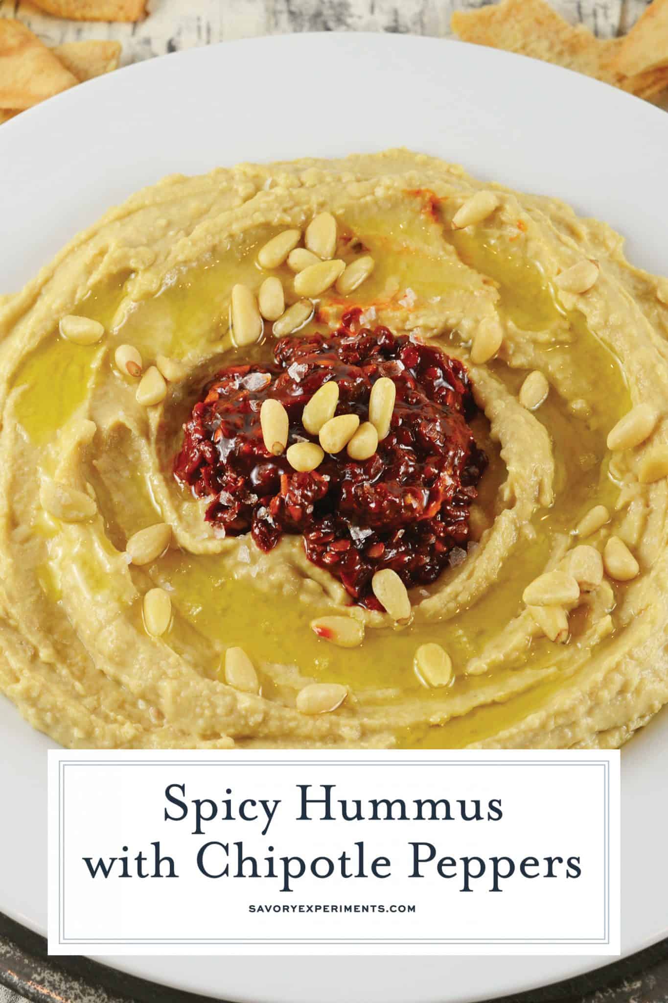 Spicy Hummus with Chipotle Peppers is a spicy homemade hummus recipe. This is the best hummus recipes to make because it is so easy and it stores great! #besthummusrecipe #homemadehummus #howtomakehummus www.savoryexperiments.com