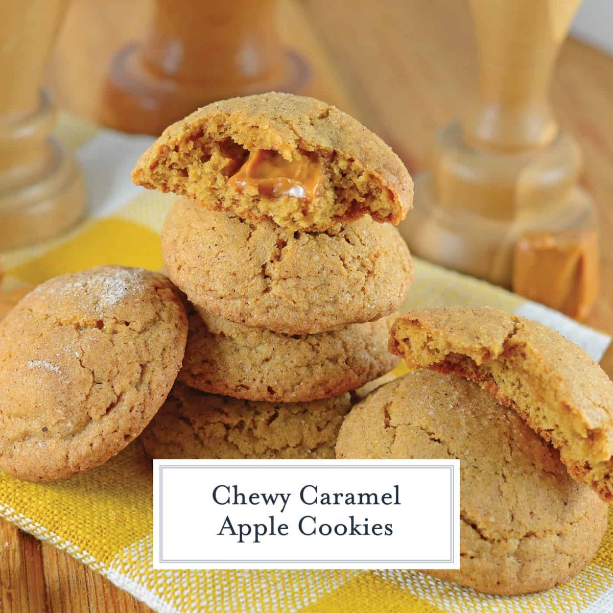 Caramel Apple Cookies are an easy, mess free way to enjoy a caramel apple! This fall cookie recipe is apple spiced cookie dough stuffed with gooey caramel! #applecookies #caramelapple #fallcookierecipe www.savoryexperiments.com