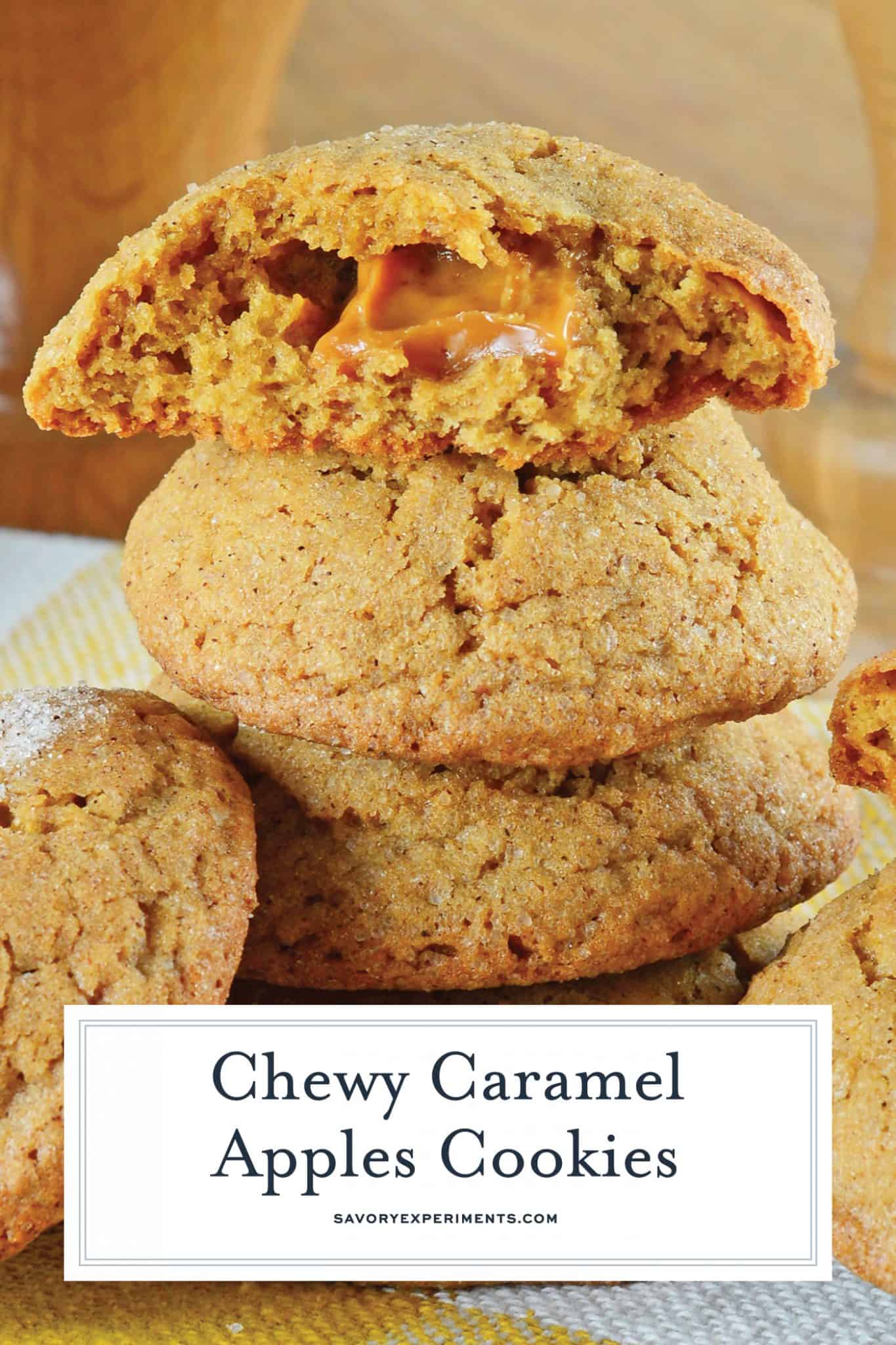 Caramel Apple Cookies are an easy, mess free way to enjoy a caramel apple! This fall cookie recipe is apple spiced cookie dough stuffed with gooey caramel! #applecookies #caramelapple #fallcookierecipe www.savoryexperiments.com