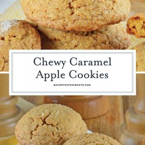 Caramel Apple Cookies are an easy, mess free way to enjoy a caramel apple! This fall cookie recipe is apple spiced cookie dough stuffed with gooey caramel! #applecookies #caramelapple #fallcookierecipe www.savoryexperiments.com