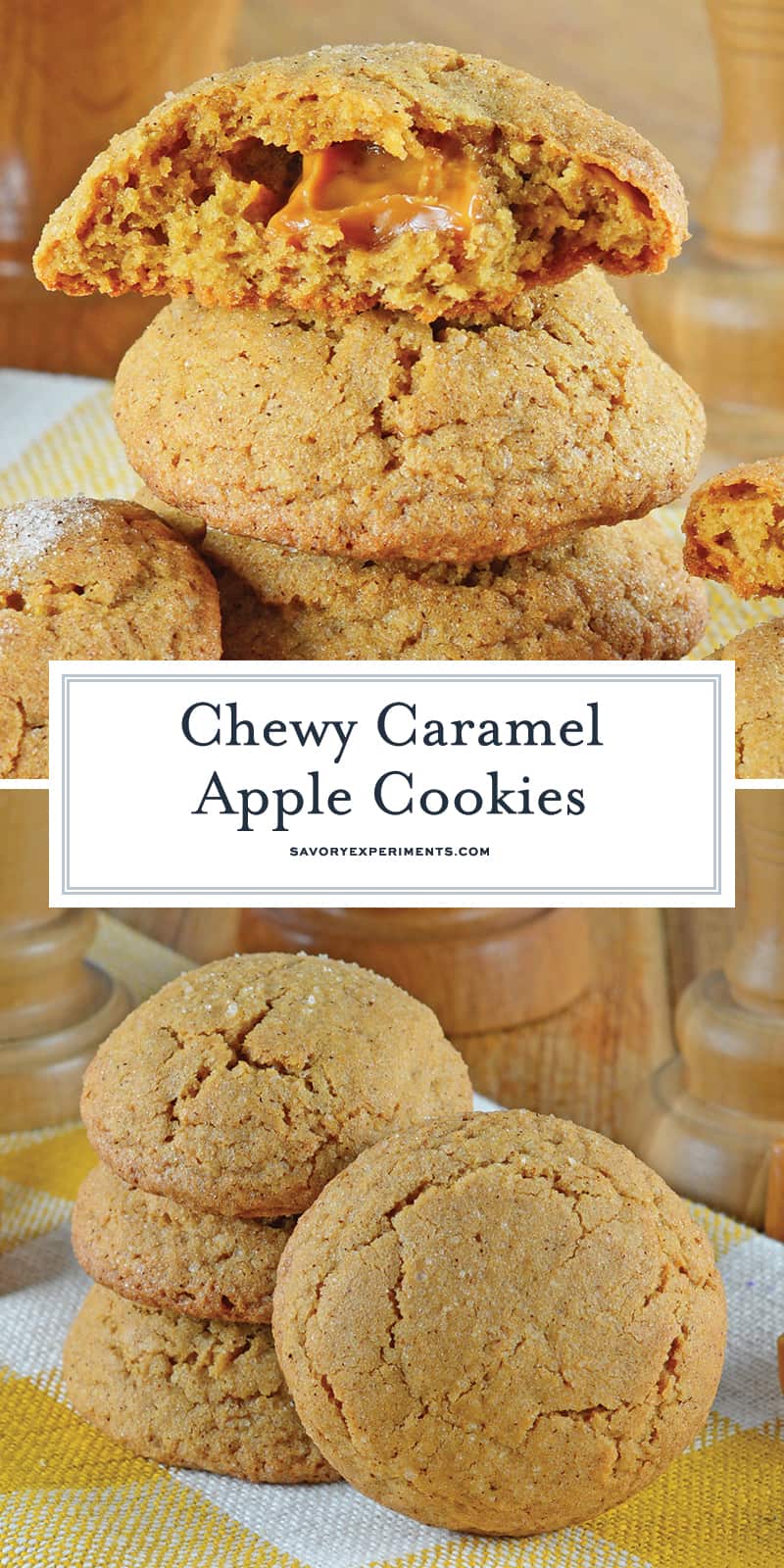 Caramel Apple Cookies are an easy, mess free way to enjoy a caramel apple! This fall cookie recipe is apple spiced cookie dough stuffed with gooey caramel! #applecookies #caramelapple #fallcookierecipe www.savoryexperiments.com