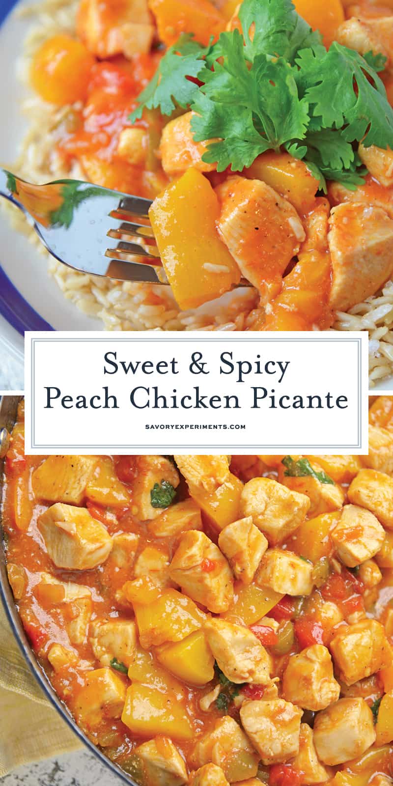 Peach Chicken Picante is a quick dinner recipe using chicken, peaches and salsa! This delicious flavor combination will give you a sweet and spicy dish! #chickenbreastrecipes #easychickenrecipes #healthychickenrecipes www.savoryexperiments.com 